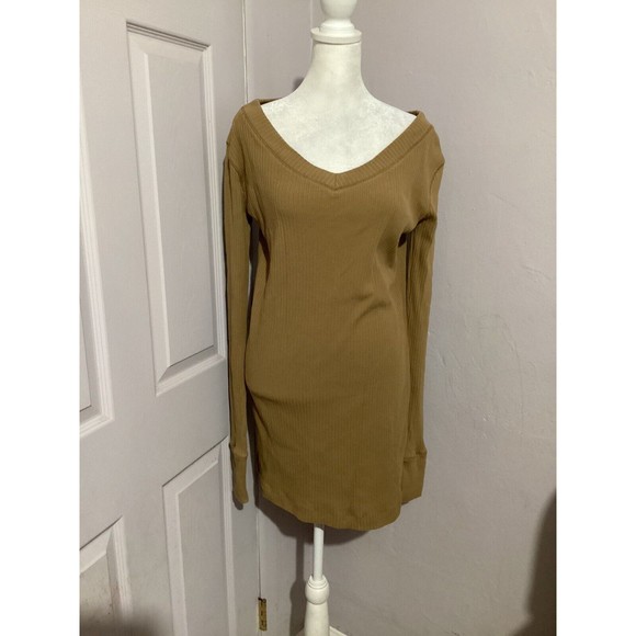 Free People Beach Walk About Stretch Mini Dress Long Sleeve Ribbed Mustard S - Picture 1 of 5